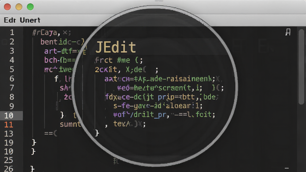 一张展示 JEdit 语法高亮功能的特写图片,主体为编辑器窗口中的一段 Java 代码,布局为居中放大显示代码区域,风格为软件界面写实截图,细节包含不同颜色的关键字、注释和字符串,行号清晰,背景为深色主题配色,画质清晰干净,无多余元素,代码中可见“JEdit”字样