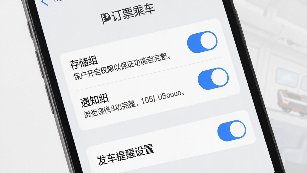 手机屏幕上显示铁路乘车火车订票软件的权限设置界面,画面中包含存储权限与通知权限两个开关选项,旁边有文字说明提示用户开启权限以保证功能完整,界面底部有发车提醒设置选项,整体采用浅灰色背景与蓝色开关按钮,布局清晰,风格简洁,高清画质,干净无多余元素