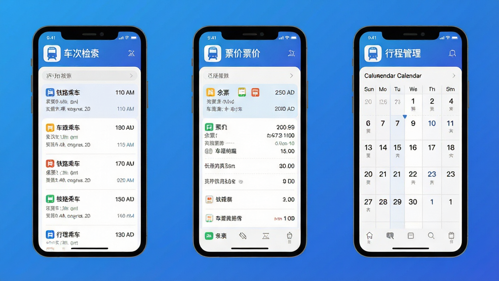 铁路乘车火车订票应用功能展示图,画面分为三个并排的手机界面,左侧展示车次检索列表,中间展示余票与票价详情,右侧展示行程管理日历视图,每个界面均带有应用图标与名称标识,整体采用蓝色渐变背景,扁平化设计风格,细节清晰,布局规整,高清画质,干净无杂乱元素