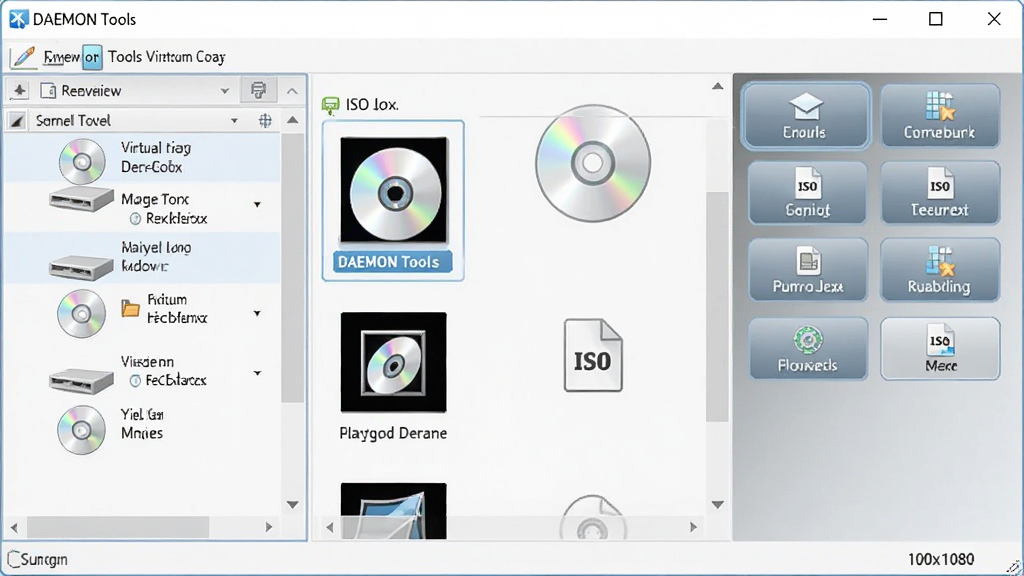 一张简洁明亮的软件界面展示图,主体为虚拟光驱(DAEMON Tools)主窗口,布局居中,左侧显示虚拟光驱列表和已挂载镜像,右侧为功能按钮区,整体排版清晰,风格现代科技感,细节上带有光盘图标和ISO文件标识,画面干净无多余元素,高清画质,1920x1080