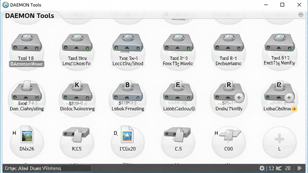 虚拟光驱(DAEMON Tools)主界面中展示多个虚拟光驱盘符并列排列的场景,主体为多个光驱图标和对应的盘符字母,布局横向排列,排版整齐,风格清爽简约,细节上带有已挂载镜像的文件名标签,画面干净,无多余元素,高清画质,1280x720