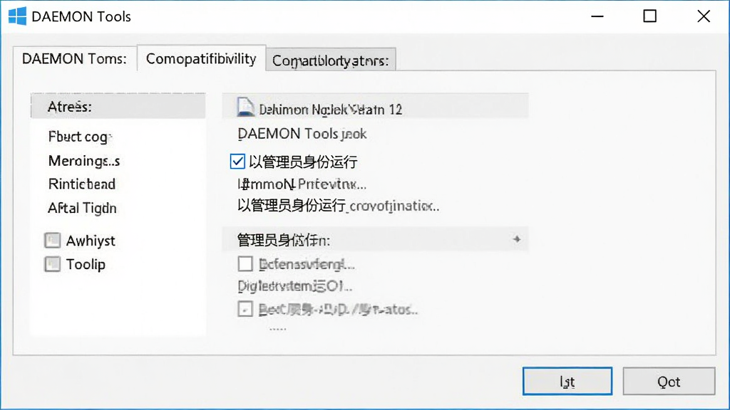 虚拟光驱(DAEMON Tools)在Windows 11系统下以管理员身份运行的权限设置界面截图,主体为属性窗口和兼容性选项卡,布局居中,排版清晰,风格简洁商务,细节上带有“以管理员身份运行”勾选框和确定按钮,画面干净,无多余元素,高清画质,1280x720