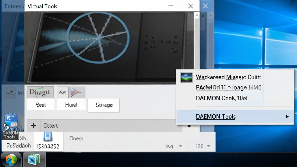 虚拟光驱(DAEMON Tools)在Windows桌面右下角系统托盘运行的截图,主体为托盘图标和右键菜单,布局居右,排版简洁,风格干净利落,细节上带有已挂载镜像提示和退出选项,画面无多余元素,高清画质,1280x720