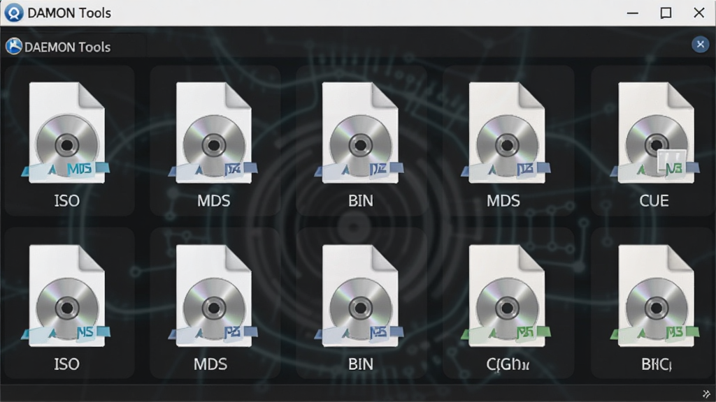 虚拟光驱(DAEMON Tools)软件界面中展示多种镜像格式图标的特写画面,主体为ISO、MDS、CUE、BIN等文件图标排列整齐,布局在深色半透明面板上,排版采用网格状分布,风格简洁科技,细节上带有格式文字标签和光盘小图标,画面干净,无多余装饰,高清画质,1280x720