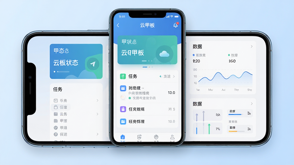 画面中央放置一部智能手机,手机屏幕上显示“云甲板”应用主界面,界面包含甲板状态卡片、任务列表与数据面板,背景为简洁的浅蓝色渐变,主体位于画面中心,布局采用左右对称式排版,风格为扁平化科技风,细节上手机边缘有柔和光影,界面元素清晰可辨,画质高清,干净,无多余元素