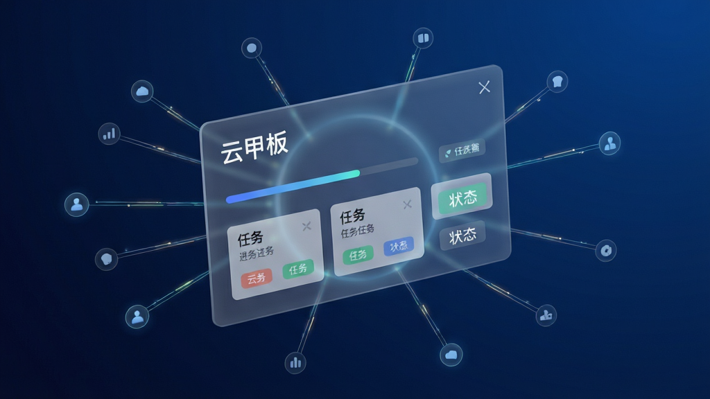 画面主体为一块悬浮在空中的半透明数据面板,面板上显示“云甲板”字样与进度条、任务卡片、状态标签,面板周围有细线连接的节点图形,布局采用中心辐射式构图,风格为简约科技感,细节上数据线条带有微弱发光效果,背景为深蓝色渐变,画质高清,干净,无多余元素