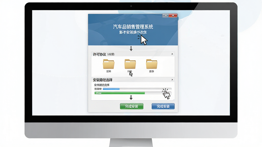 汽车用品销售管理系统新手安装操作流程图,主体为电脑屏幕显示软件安装向导界面,布局从上到下依次为欢迎页、许可协议、安装路径选择、完成安装按钮,排版纵向流程式,风格为简洁教程风,细节包含鼠标指针点击下一步、文件夹图标、进度条,画质清晰干净,无多余元素