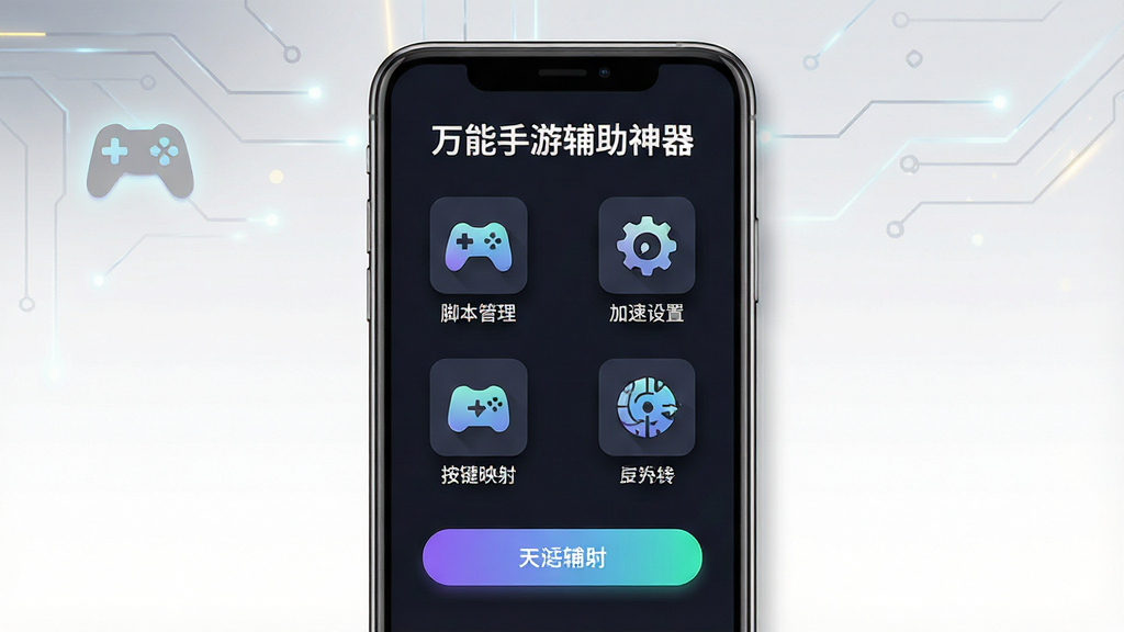 一张展示万能手游辅助神器的软件主界面预览图,画面中央是手机屏幕,屏幕内显示软件首页布局,顶部为软件名称“万能手游辅助神器”,下方排列多个功能图标,包括脚本管理、加速设置、按键映射等,背景为深色科技风格,整体排版简洁清晰,风格为现代扁平化设计,细节包含图标阴影和渐变按钮,画质高清,画面干净,无多余元素