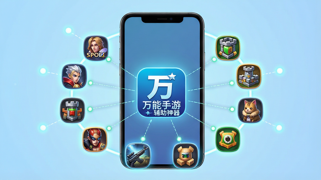 一张展示万能手游辅助神器多游戏兼容功能的示意图,画面主体为一部智能手机,屏幕中同时浮现多个不同游戏类型的图标,如角色扮演、射击、塔防等,图标以环形排列围绕软件Logo“万能手游辅助神器”,背景为浅蓝色渐变,风格为清爽科技风,细节包含图标发光效果和连接线条,画质高清,画面干净,无多余元素