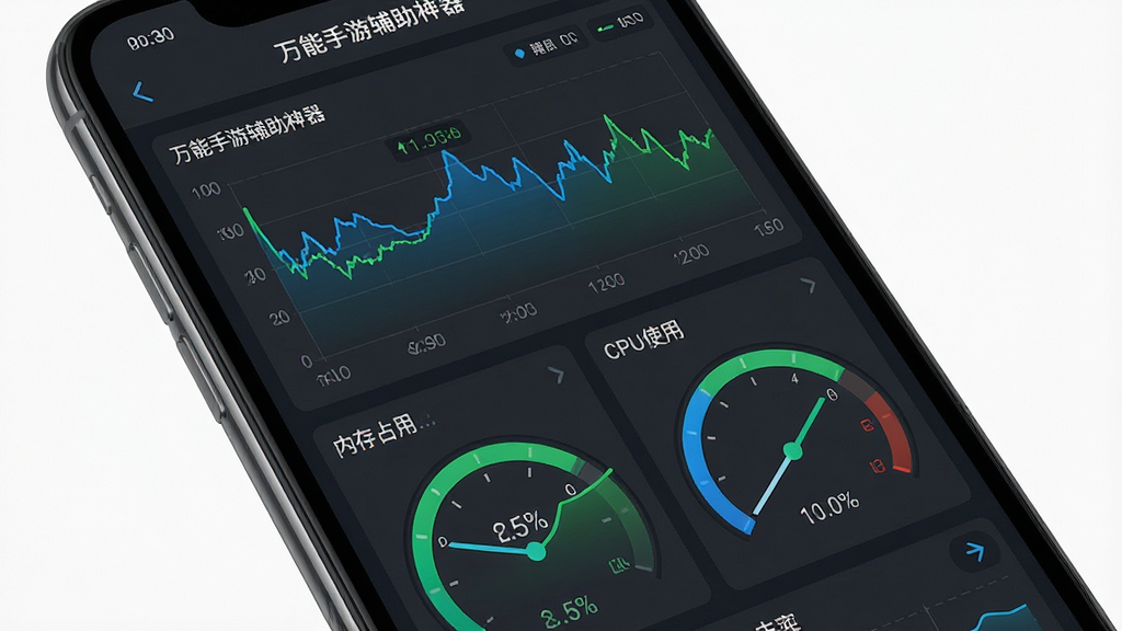 一张展示万能手游辅助神器实时运行监控面板的界面图,画面为手机屏幕特写,屏幕中显示帧率曲线图、内存占用百分比和CPU使用率仪表盘,数据以蓝色和绿色为主色调,背景为深灰色,风格为数据可视化仪表盘风格,细节包含数值标签和动态曲线,画质高清,画面干净,无多余元素