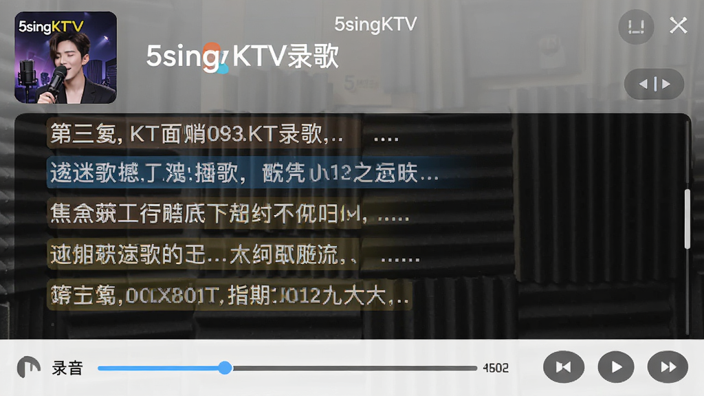 һ��չʾ5singKTV¼����ͬ�������ͼƬ�������������������ĸ�������Ϸ���ʾ����������������·���¼������������ư�ť�����岼���ʺ��ݳ�ʱ�ۿ��������пɼ�