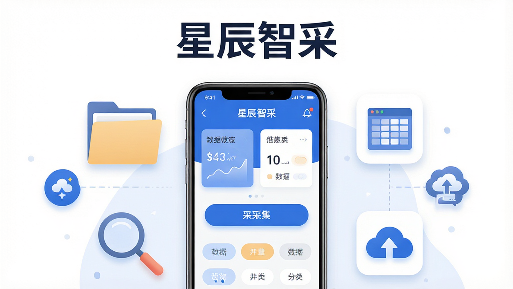 画面中央放置一部智能手机,屏幕显示“星辰智采”应用主界面,界面采用蓝白配色,包含数据卡片、采集按钮与分类标签,手机周围环绕文件夹、放大镜、表格与云同步图标,整体布局为居中构图,上方留白区域放置软件名称“星辰智采”,风格为扁平化科技插画,细节包括柔和阴影与圆角图标,画质清晰,干净,无多余元素
