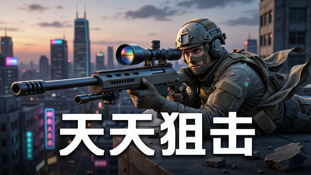 画面主体为一名身穿战术装备的狙击手趴在城市高楼边缘,手持狙击步枪瞄准远方,背景是黄昏时分的城市天际线与远处闪烁的霓虹灯,画面中央偏下位置用白色粗体字写着“天天狙击”,布局采用竖版手机游戏宣传图比例,风格为写实军事风与轻度科幻结合,细节包括狙击镜反光、楼顶碎石、飘动的衣角,画质为4K高清,画面干净,无多余元素。