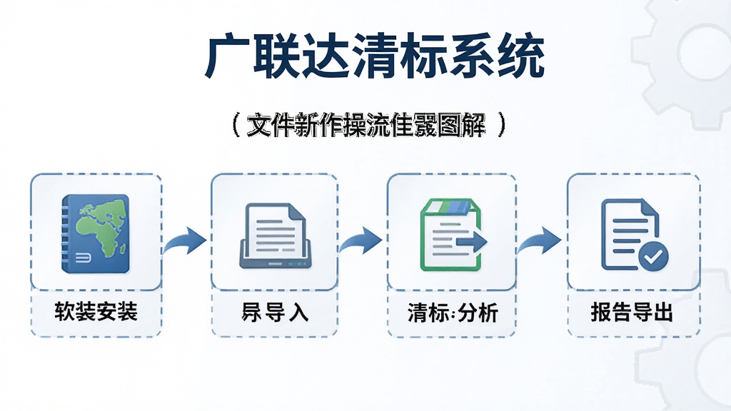 广联达清标系统新手操作流程图解,画面以步骤形式展示从软件安装、文件导入、清标分析到报告导出的完整流程,每个步骤配有简洁图标与文字说明,整体风格清晰易懂,包含“广联达清标系统”名称,画质高清,干净,无多余元素
