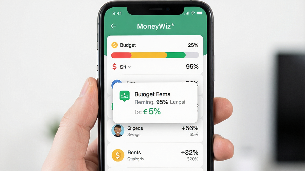 一张展示 MoneyWiz 预算提醒功能的图片,主体为手机屏幕显示预算进度条与提醒弹窗,布局居中,排版突出红黄绿三色进度指示,风格清新明快,细节包含分类图标与百分比数字,画质高清,画面干净,无多余元素
