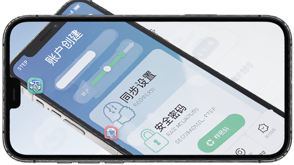 一张展示 MoneyWiz 新手设置向导的图片,主体为手机屏幕显示步骤引导页面,布局从上到下依次为账户创建、同步设置与安全密码,排版清晰,风格友好简约,细节包含进度指示与图标,画质高清,画面干净,无多余元素