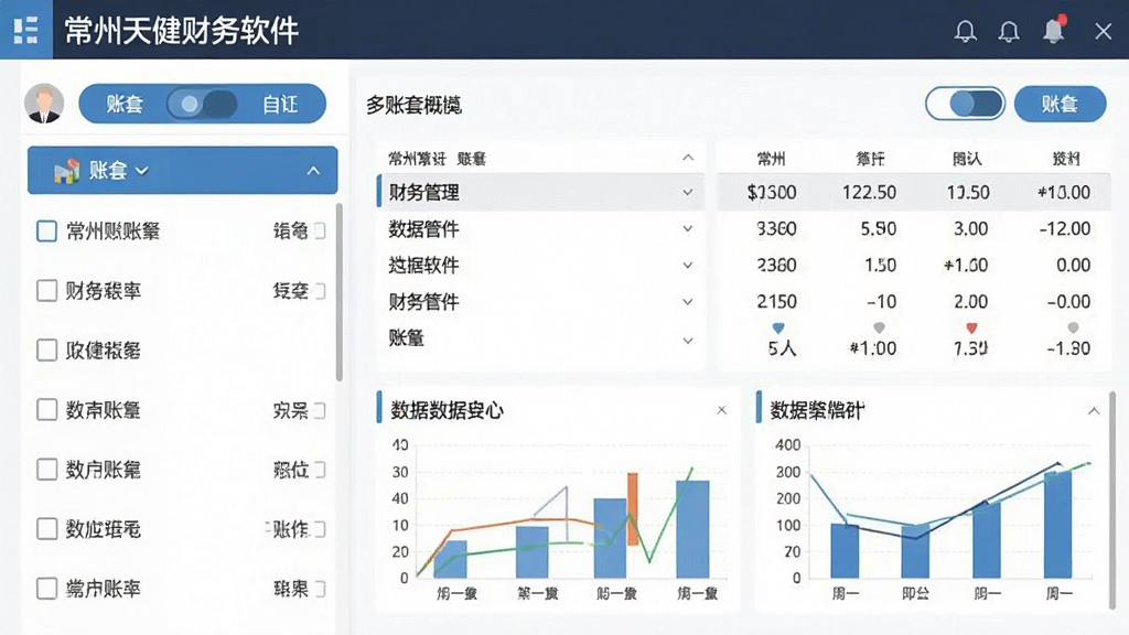 常州天健财务软件功能展示图,画面主体为多账套管理界面,布局采用分栏式设计,左侧显示多个账套名称列表,右侧展示选中账套的财务数据概览,排版简洁清晰,风格为扁平化商务风格,细节包括账套切换按钮与数据图表,画质清晰,画面干净,无多余元素