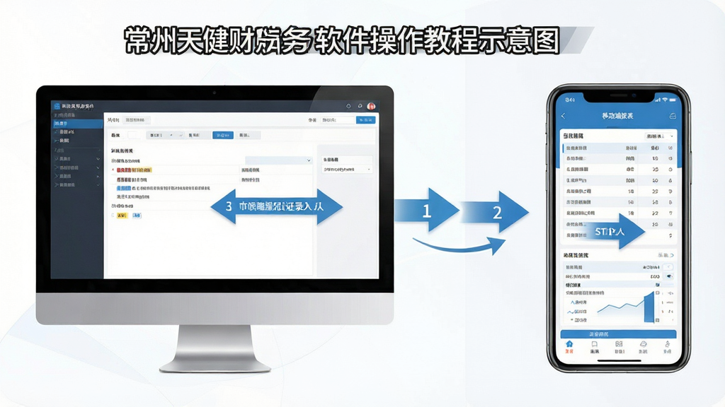 常州天健财务软件操作教程示意图,画面主体为电脑屏幕与手机屏幕并排展示软件操作步骤,布局采用左右对比式构图,左侧为电脑端凭证录入界面,右侧为移动端报表查看界面,排版整齐清晰,风格为现代教学风,细节包括步骤序号与操作箭头,画质清晰,画面干净,无多余元素