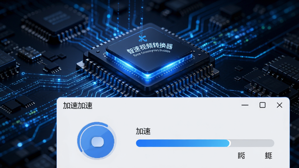 画面展示“智速视频转换器”软件内部转换引擎工作状态,背景是科技感十足的芯片与数据流线条,前景是软件界面中的加速开关与进度条,蓝色光效,干净极简,高清画质