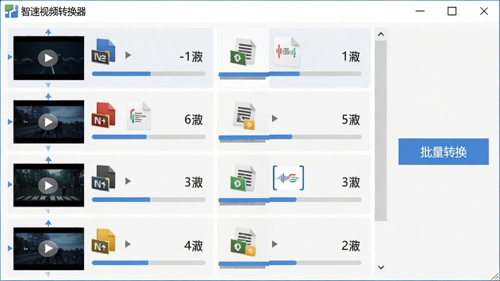 软件界面中显示多个视频文件队列,每个文件旁有格式图标与进度百分比,画面右侧有“批量转换”按钮,整体布局清晰,浅色背景,高清画质,软件名称“智速视频转换器”出现在顶部标题栏
