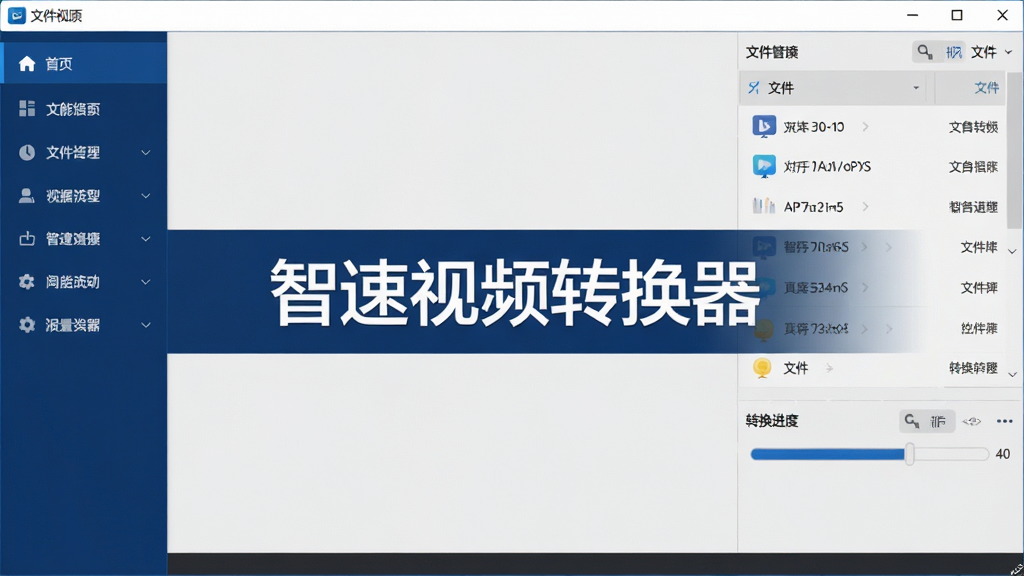 软件主界面全景展示,画面中央是“智速视频转换器”标题文字,左侧为功能导航栏,右侧为文件列表与转换进度条,整体采用深蓝与浅灰配色,界面干净整洁,无多余装饰元素,高清画质,软件UI风格
