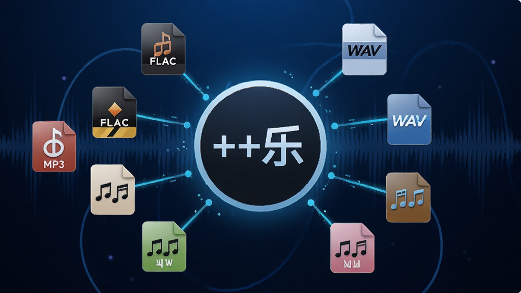 一款音乐播放器软件的功能展示图,画面中一个标有“++乐”的圆形图标位于中央,周围环绕着各种音频格式的图标(如MP3、FLAC、WAV等),用线条连接表示兼容性。背景为深蓝色渐变,带有声波纹理。整体风格科技感强,画质清晰,无杂乱元素。