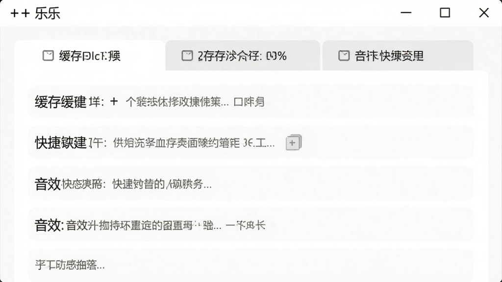 一张展示++乐软件设置界面的图片,画面中显示了缓存目录、快捷键、音效等选项卡,界面风格简洁,以白色为主,文字清晰。画质干净,无多余元素。