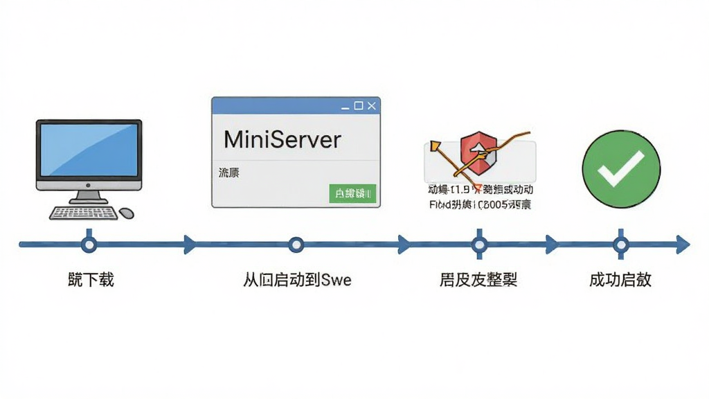 MiniServer安装配置操作流程图,画面以步骤分解形式展示从下载到启动的完整流程,布局为横向时间轴式排列,风格为简洁教程插画,细节包括电脑图标、安装窗口、防火墙提示、成功状态标识,画质清晰干净,无多余元素