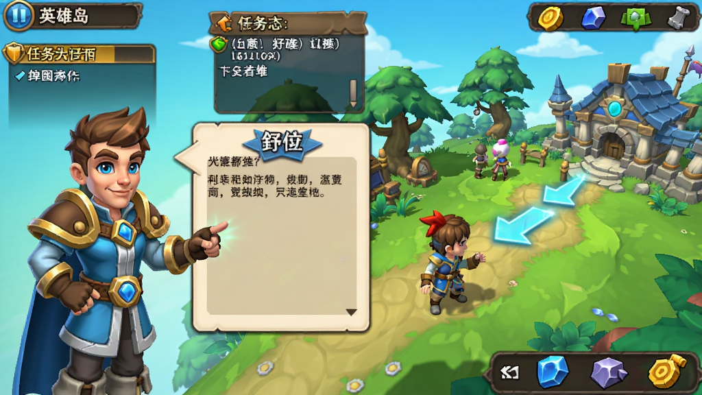 英雄岛新手引导界面截图,主体是一位向导NPC正在向玩家展示操作提示,布局为NPC左侧对话框、右侧为游戏场景和箭头指引,排版为游戏内教学弹窗风格,风格为卡通奇幻界面,细节包含任务追踪栏、资源图标和发光箭头,画质清晰明亮,干净无多余元素