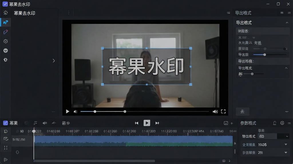 一张展示幂果去水印视频处理功能的图片,主体为软件界面中视频播放预览窗口带有时间轴,布局为上方预览区、下方时间轴与参数设置区,排版上下结构清晰,风格为深色专业影音风,细节包括“幂果去水印”软件名称、视频画面中的水印框选区域、导出格式选项,画质清晰,干净,无多余元素