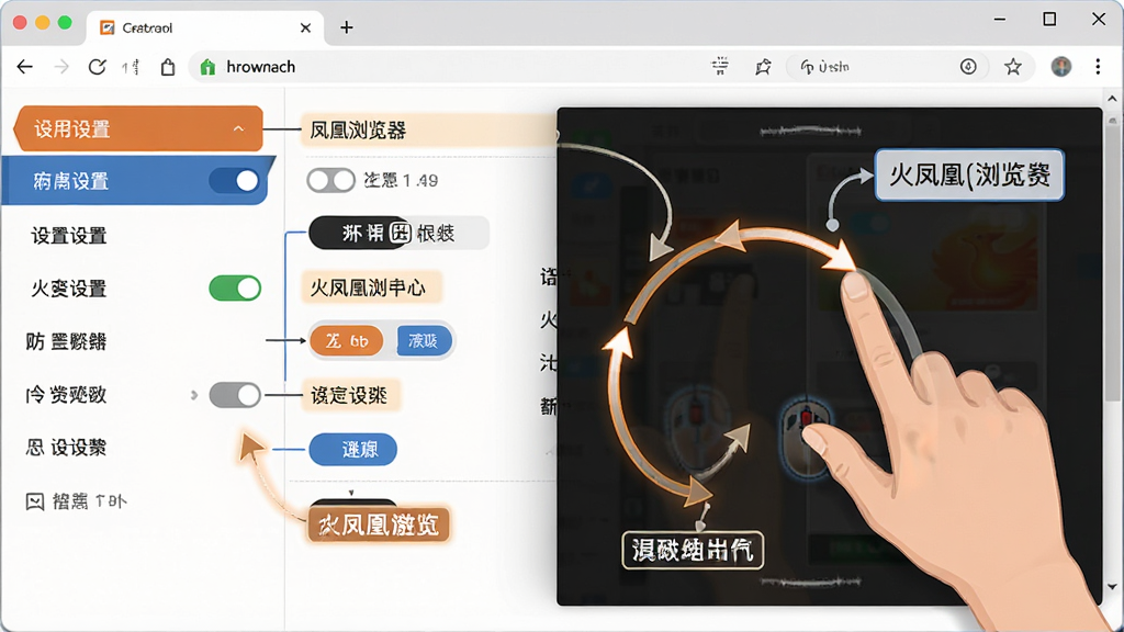 火凤凰浏览器操作说明示意图,主体为浏览器设置界面与手势轨迹叠加展示,布局为左侧设置菜单右侧手势演示区域,排版清晰直观,风格为教学图解风,细节包含鼠标轨迹箭头、功能开关按钮、文字标注框,画质高清干净无多余元素