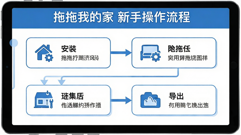 拖拖我的家软件常见问题解决流程图,画面以简洁信息图形式展示从安装到导出的六个步骤,每个步骤配有小图标和简短文字说明,整体采用蓝白配色扁平风格,顶部标注