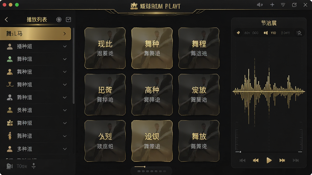 Ballroom Player 软件主界面全貌,中央为舞种分类卡片式布局,左侧为播放列表,右侧为节拍可视化面板,整体采用深色背景搭配金色点缀,风格优雅专业,界面文字使用中文,画质清晰,干净整洁,无多余元素