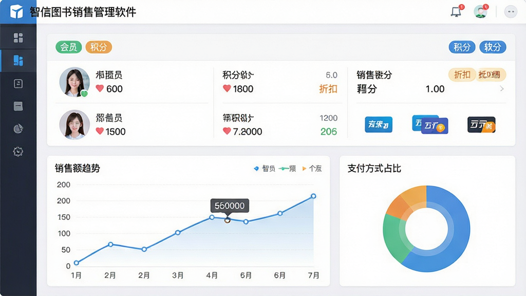 一幅AI生图,展示智信图书销售管理软件中的会员管理页面,主体为会员信息卡片和销售统计图表,布局采用上下结构,上方为会员列表和等级标签,下方为销售额趋势折线图和支付方式占比饼图,风格为清新简约风,细节包括会员头像、积分数字、折扣标签、支付图标,画面中带有“智信图书销售管理软件”文字,画质高清,干净,无多余元素