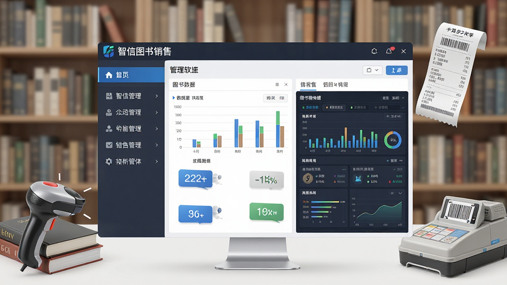 一张展示智信图书销售管理软件主界面的图片,画面中央是软件操作窗口,左侧为功能导航栏,右侧为图书销售数据仪表盘,窗口周围环绕着图书、扫码枪、收银小票等元素,整体布局清晰有序,风格为现代商务科技风,细节包括书架背景、数据图表、按钮图标,画质高清,干净整洁,无多余元素