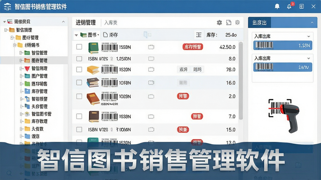 一幅AI生图,主体是智信图书销售管理软件中的进销存管理界面,布局为左侧树形分类导航,中间为图书列表和库存数量,右侧为入库出库操作面板,风格为扁平化商务风,细节包括ISBN条码、库存预警红色标记、扫码枪图标,画面中带有“智信图书销售管理软件”文字标识,画质清晰,干净,无多余元素
