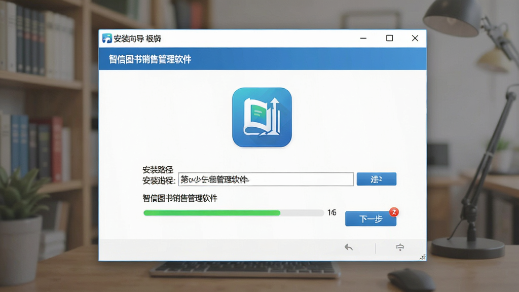 一幅AI生图,展示智信图书销售管理软件的安装向导界面,主体为安装窗口,布局为居中显示,风格为简洁安装界面,细节包括安装路径选择框、下一步按钮、进度条、软件图标,画面中带有“智信图书销售管理软件”文字,画质清晰,干净,无多余元素
