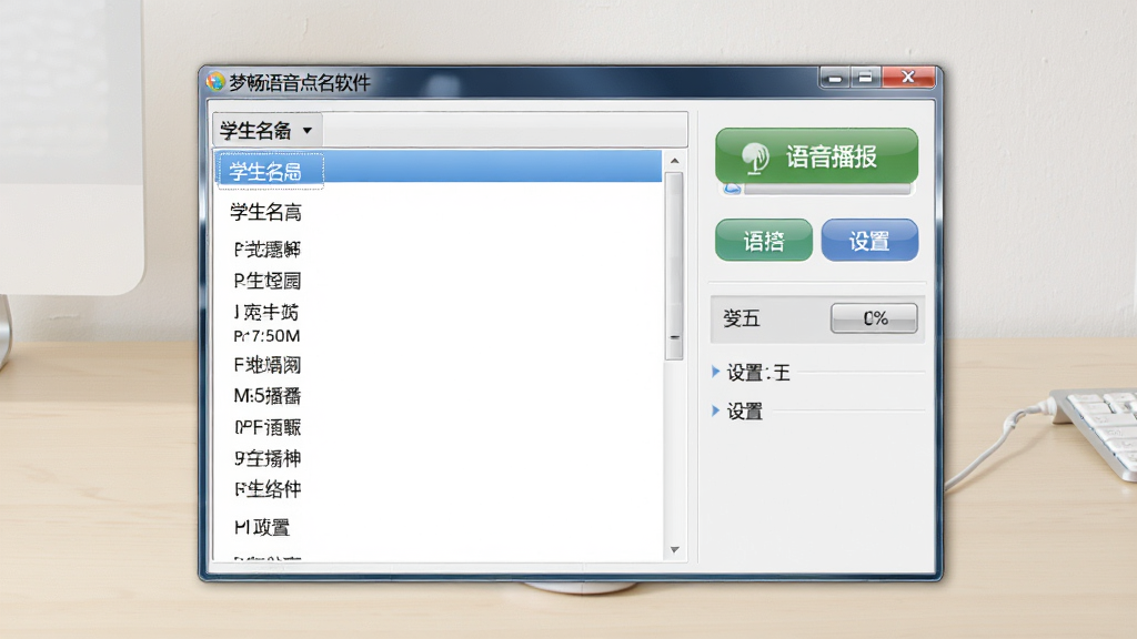 梦畅语音点名软件主界面全貌,画面中央是软件操作窗口,左侧显示学生名单列表,右侧有语音播报控制按钮和设置选项,背景为干净的浅色桌面环境,风格简洁实用,细节清晰可见按钮文字与名单条目,画质清晰,干净,无多余元素