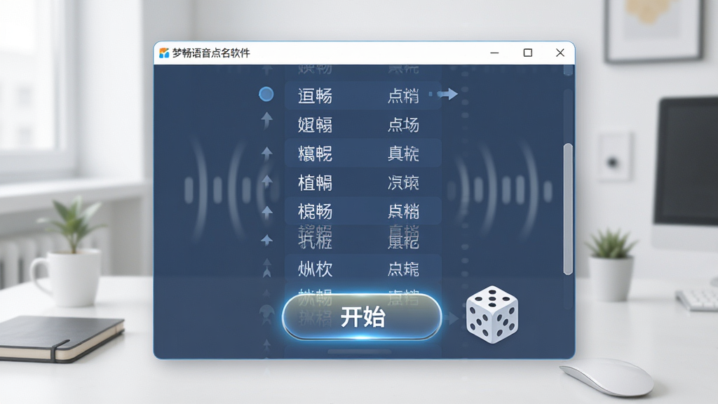 梦畅语音点名软件随机点名功能展示,画面中央是软件窗口显示滚动的姓名列表,一个醒目的开始按钮位于下方,旁边有骰子图标象征随机性,背景是简洁的办公桌面,风格现代扁平化,细节包含滚动动画效果和按钮高光,画质清晰,干净,无多余元素