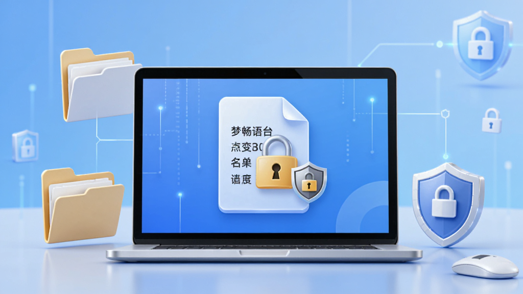 梦畅语音点名软件数据本地存储示意,画面中一台笔记本电脑屏幕显示名单文件图标和锁形安全符号,周围有文件夹和盾牌元素,背景为柔和的蓝色渐变,风格科技安全主题,细节包含文件名称和加密标识,画质清晰,干净,无多余元素