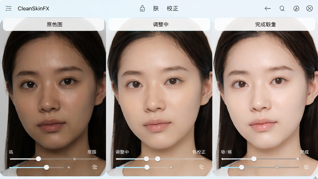 主体为 CleanSkinFX 肤色校正功能操作界面,画面中展示人物面部肤色从偏黄暗沉到均匀透亮的渐变过程。布局采用横向三段式排版,分别呈现原图、调整中、完成效果。风格为清新美妆类软件视觉风。细节包括肤色变化自然、界面滑块清晰、背景干净柔和。画质高清,无多余元素。
