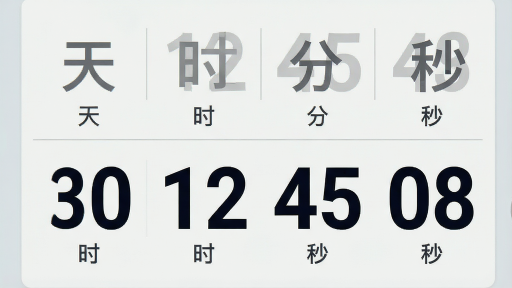 一张软件界面局部特写图,画面中央是一个数字倒计时面板,面板上分四行显示“天”“时”“分”“秒”四个单位,对应数字分别为“30”“12”“45”“08”,数字采用大号加粗字体,单位文字较小位于数字下方,整体布局为竖向排列,风格为扁平化UI设计,细节包括面板的浅色背景、数字的深色显示、分隔线的细腻处理,画质清晰,干净,无多余元素