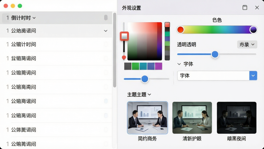 一张软件设置界面截图,画面左侧是倒计时列表,右侧是外观设置面板,面板中包含颜色选择器、透明度滑块、字体下拉菜单和主题缩略图,主题缩略图展示“简约商务”“清新护眼”“暗黑夜间”三种风格,布局为左右分栏,风格为写实软件设置界面,细节包括颜色选择器的色块、滑块的圆形按钮、主题缩略图的预览效果,画质清晰,干净,无多余元素
