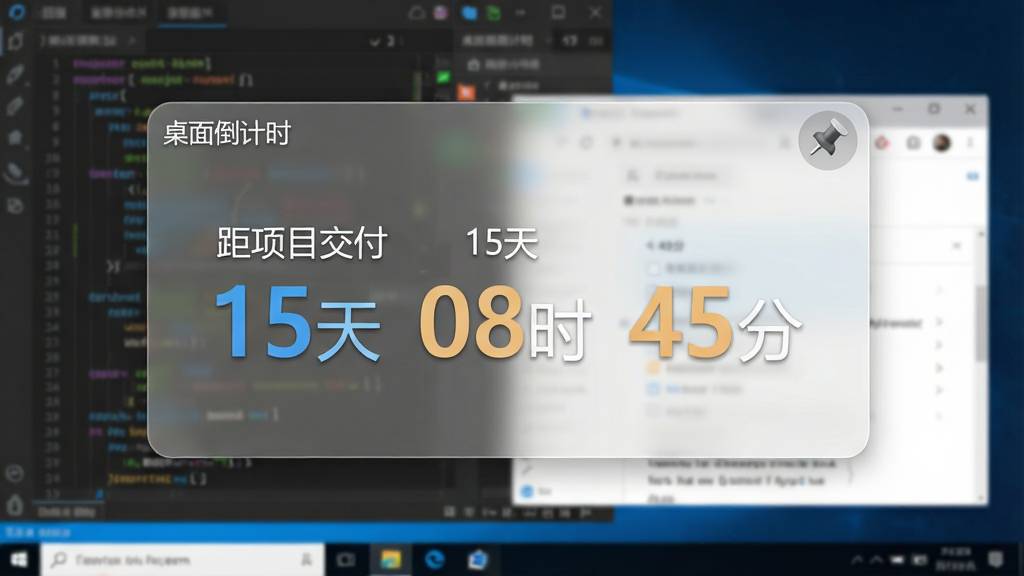 一张软件功能展示图,画面主体是一个悬浮在Windows桌面上的半透明倒计时窗口,窗口标题显示“桌面倒计时”,下方用大号字体显示“距项目交付 15天 08时 45分”,窗口右上角有一个图钉图标表示置顶状态,背景是模糊处理的代码编辑器和浏览器窗口,布局为居中偏左上,风格为现代软件界面风格,细节包括窗口的圆角、半透明磨砂质感、数字的高亮颜色,画质清晰,干净,无多余元素