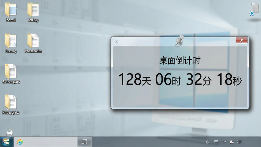 一张Windows电脑桌面截图,画面中央偏右位置放置一个半透明的倒计时悬浮窗口,窗口上清晰显示“桌面倒计时”字样以及“128天 06时 32分 18秒”的倒计时数字,背景是整洁的办公桌面壁纸,左侧有文件夹和文档图标,整体布局简洁有序,风格为写实软件界面截图,细节包括窗口的阴影效果、置顶图钉标识、浅灰色边框,画质清晰,干净,无多余元素