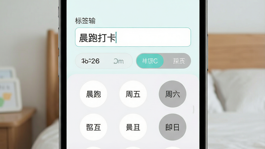 ����Ϊ�𴲽�������Ӧ�õ����ӱ༭ҳ�棬������չʾ��ǩ����������ѡ��ť������Ϊ���½ṹ���Ϸ��Ǳ�ǩ���������·����߸�Բ�����ڰ�ť���Ű����ࣻ���Ϊ����ǳɫUI���ϸ�ڰ�����ǩ���������ʾ���֡����ܴ򿨡������ڰ�ť����������Ϊ��ɫδѡ��״̬�����ʸ��壬�ɾ����޶���Ԫ��