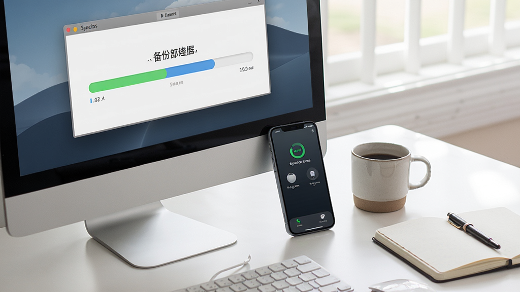 Syncios软件操作界面截图,画面中电脑屏幕显示数据备份进度条,手机屏幕显示正在同步数据,桌面整洁,旁边放着一杯咖啡和一本笔记本,光线柔和自然,整体氛围轻松,布局舒适,风格写实,细节丰富,画质清晰,干净无杂乱