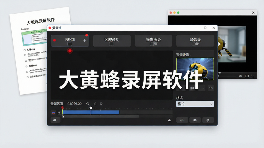 一张展示大黄蜂录屏软件主界面的全貌图,画面中央是软件操作窗口,窗口内包含屏幕录制、区域录制、摄像头录制、音频设置等功能按钮,背景为简洁的浅色桌面,桌面上有课件文档和视频播放器窗口,整体布局清晰有序,风格现代简约,细节包括录屏按钮的红点标识、时间轴预览区、格式选择下拉菜单,画质高清,画面干净,无多余元素,图中文字标注“大黄蜂录屏软件”。
