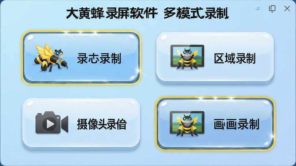 一张展示大黄蜂录屏软件多模式选择界面的图片,画面主体是软件的功能选择面板,面板上排列着全屏录制、区域录制、摄像头录制、画中画录制四个大按钮,每个按钮配有对应的图标示意,背景为淡蓝色渐变,布局为两行两列网格排列,风格清新明快,细节包括按钮的圆角设计、图标的高光效果、选中状态的高亮边框,画质清晰,画面干净,图中文字标注“大黄蜂录屏软件 多模式录制”。