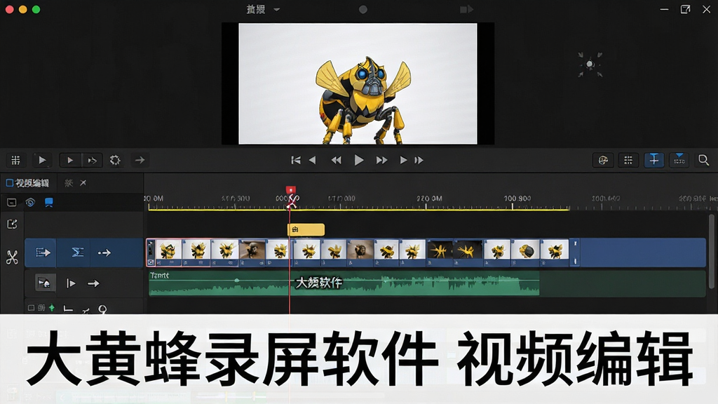 一张展示大黄蜂录屏软件视频编辑界面的图片,画面主体是软件的时间轴编辑窗口,窗口中显示视频轨道、音频轨道、字幕轨道,时间轴上排列着多个视频片段,背景为深色专业编辑界面,布局为上方预览窗口、下方时间轴,风格专业且易用,细节包括剪辑点标记、转场效果图标、字幕输入框,画质清晰,画面干净,图中文字标注“大黄蜂录屏软件 视频编辑”。